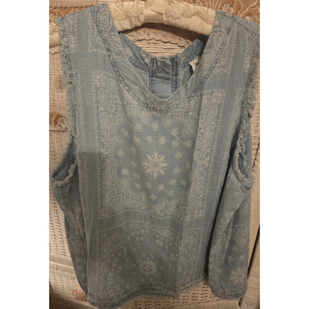 For The Republic Light Blue Bandana Print SZ 2X Fringe Tank Top Boho Freespirit